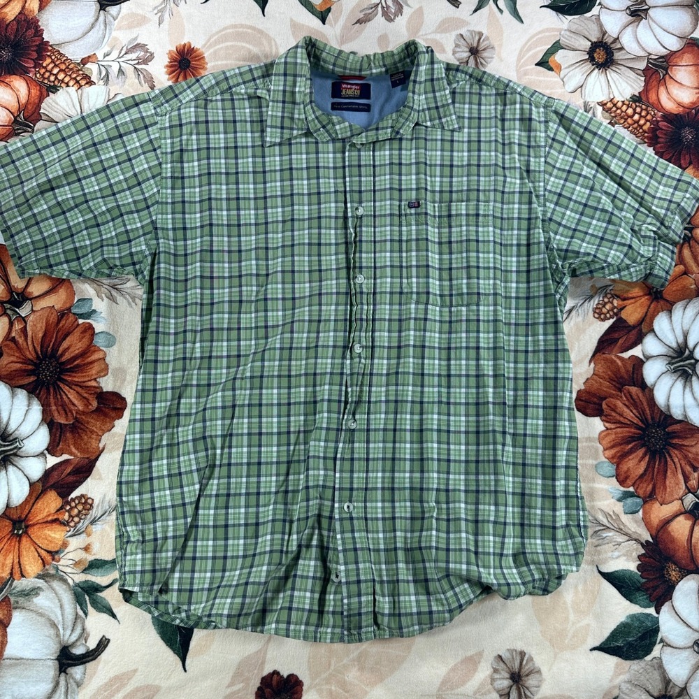 Wrangler Cool River Shirt Mens Green Plaid Cotton Short Sleeve Button Up Large